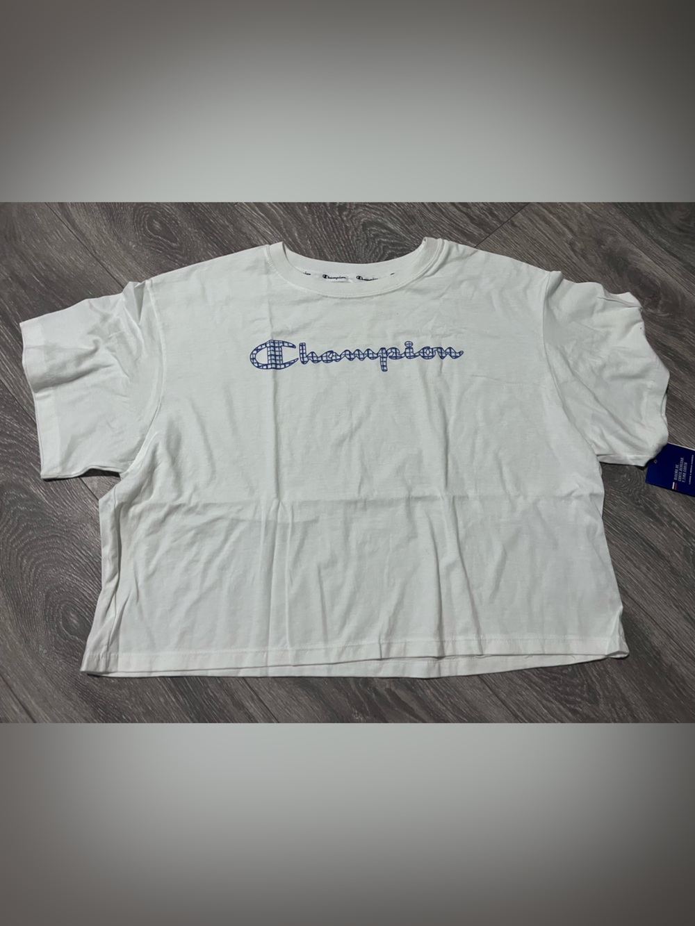 Champion White T-Shirt with Blue Script Logo